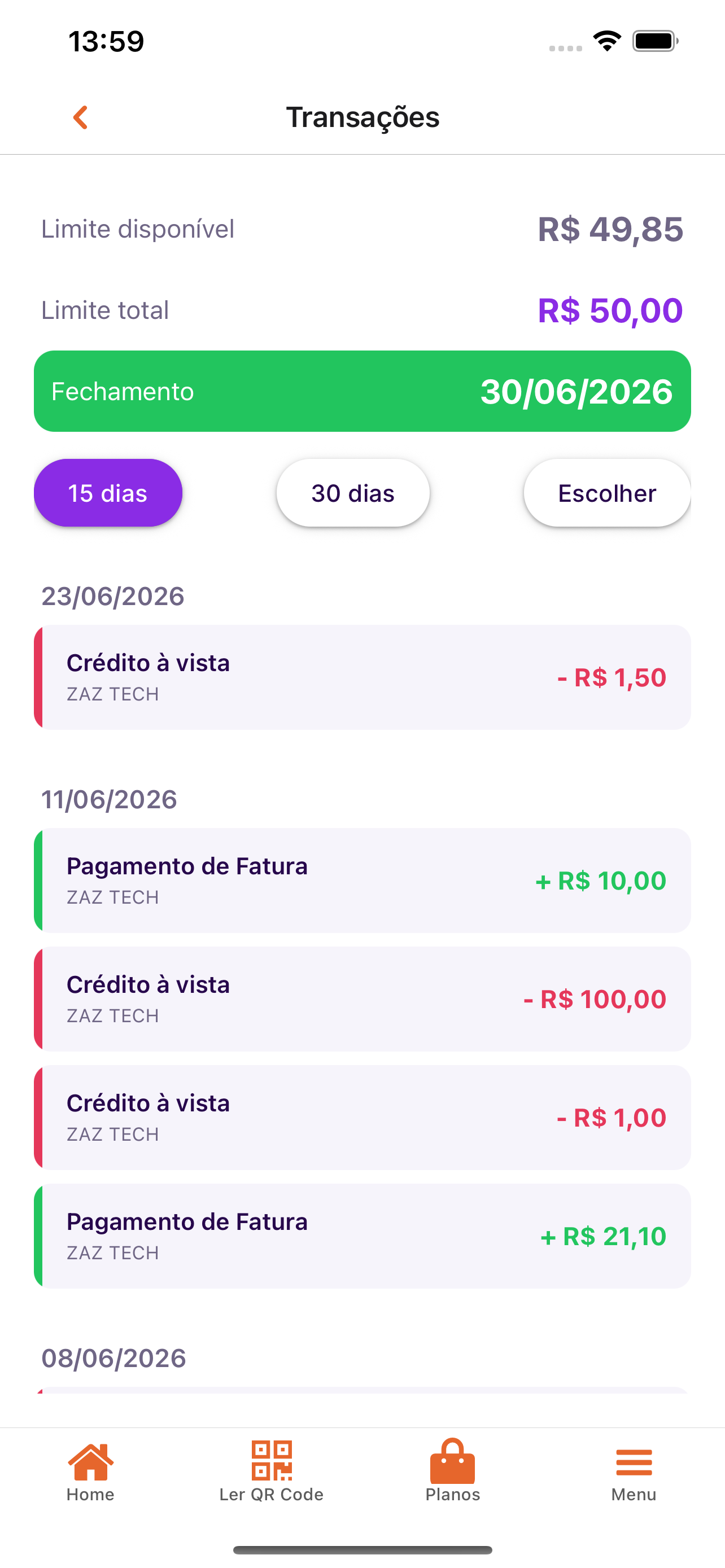 Tela de Crédito do novo app da Zaztech (em lançamento)