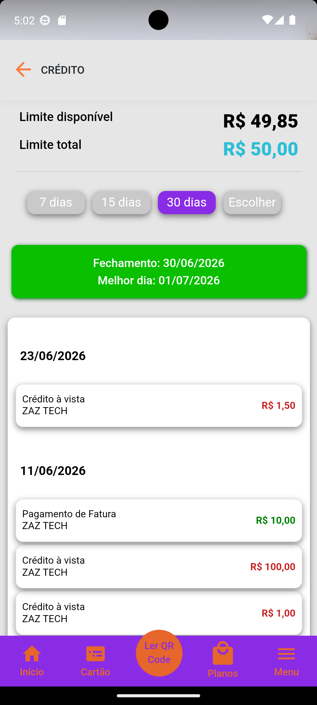 Tela de Crédito do app atual da Zaztech (em descontinuação)